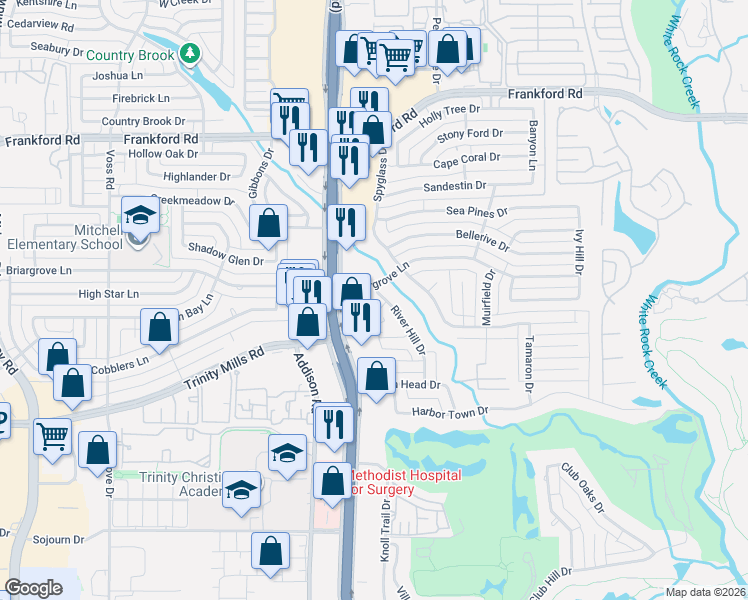 map of restaurants, bars, coffee shops, grocery stores, and more near 17604 Dallas Parkway in Dallas