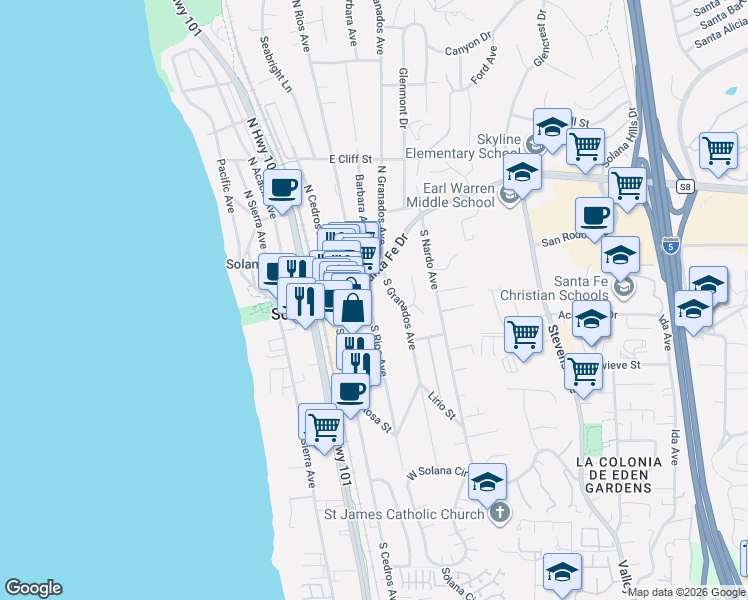 map of restaurants, bars, coffee shops, grocery stores, and more near 122 South Rios Avenue in Solana Beach