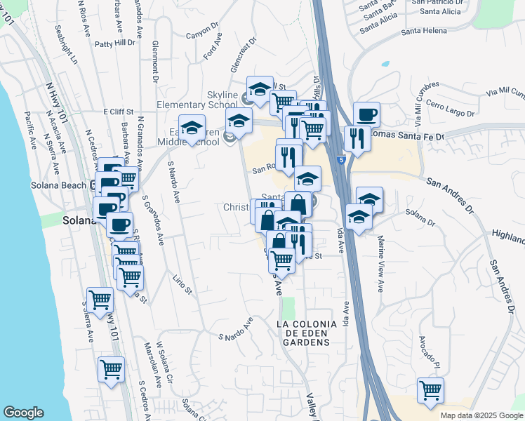map of restaurants, bars, coffee shops, grocery stores, and more near 462 Stevens Avenue in Solana Beach