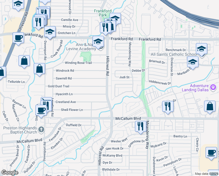 map of restaurants, bars, coffee shops, grocery stores, and more near 17714 Hillcrest Road in Dallas
