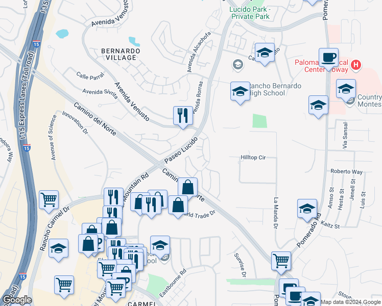 map of restaurants, bars, coffee shops, grocery stores, and more near 15048 Avenida Venusto in San Diego
