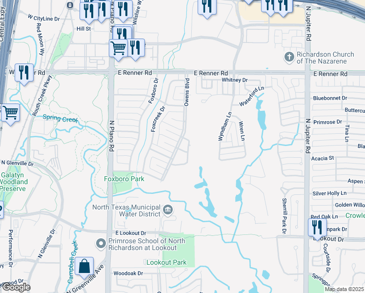 map of restaurants, bars, coffee shops, grocery stores, and more near 1606 Amesbury Drive in Richardson