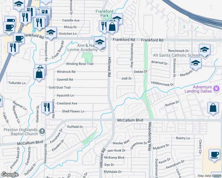 map of restaurants, bars, coffee shops, grocery stores, and more near 17714 Hillcrest Road in Dallas