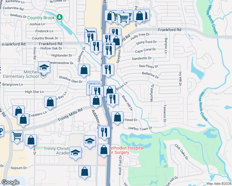 map of restaurants, bars, coffee shops, grocery stores, and more near 17604 Dallas Parkway in Dallas