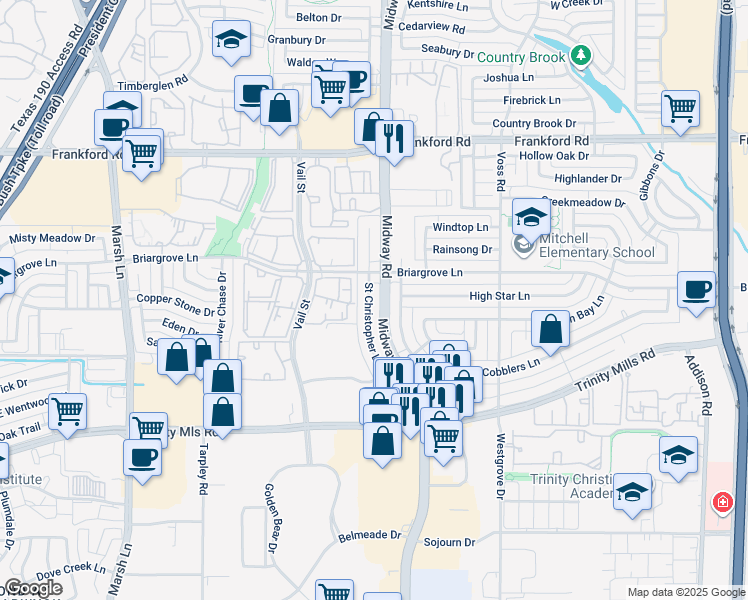 map of restaurants, bars, coffee shops, grocery stores, and more near 4025 Saint Christopher Lane in Dallas
