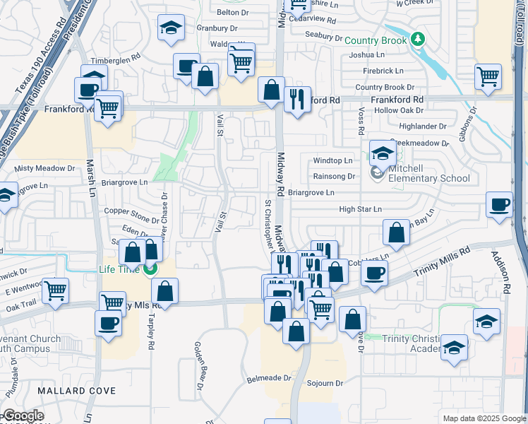 map of restaurants, bars, coffee shops, grocery stores, and more near 4025 Saint Christopher Lane in Dallas