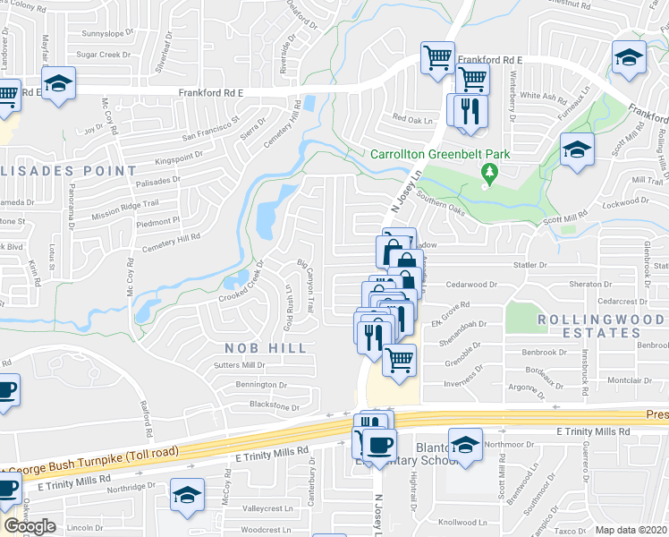 map of restaurants, bars, coffee shops, grocery stores, and more near 1839 Green Ridge Drive in Carrollton