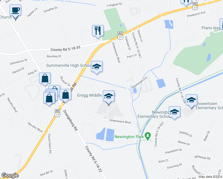 map of restaurants, bars, coffee shops, grocery stores, and more near 1225 Boonehill Road in Summerville