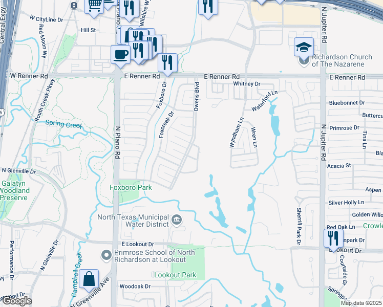 map of restaurants, bars, coffee shops, grocery stores, and more near 1606 Amesbury Drive in Richardson