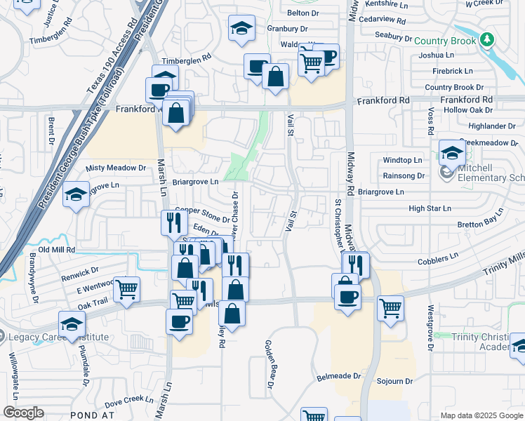 map of restaurants, bars, coffee shops, grocery stores, and more near 17811 Vail Street in Dallas