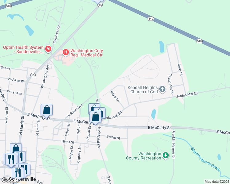 map of restaurants, bars, coffee shops, grocery stores, and more near 737 Royal Lane in Sandersville