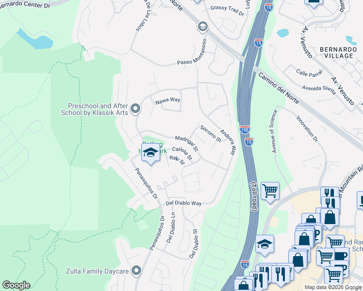 map of restaurants, bars, coffee shops, grocery stores, and more near 11110 Socorro Street in San Diego
