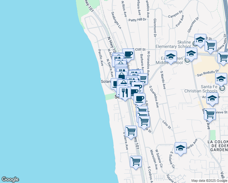 map of restaurants, bars, coffee shops, grocery stores, and more near 133 Pacific Avenue in Solana Beach