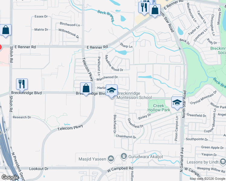 map of restaurants, bars, coffee shops, grocery stores, and more near 3104 Barley Court in Richardson