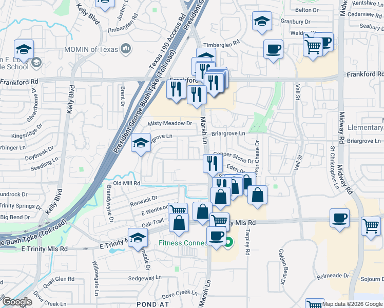 map of restaurants, bars, coffee shops, grocery stores, and more near 17800-17852 Meadow Grove Lane in Dallas