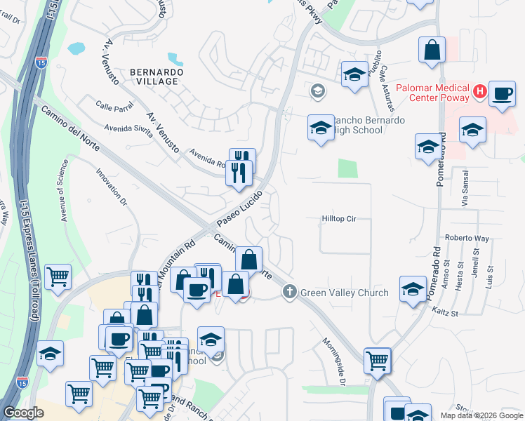 map of restaurants, bars, coffee shops, grocery stores, and more near 15048 Avenida Venusto in San Diego