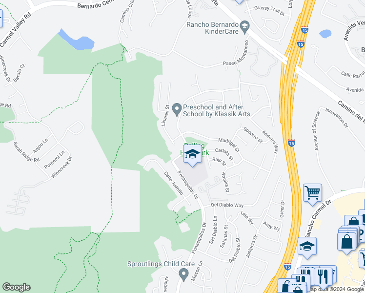 map of restaurants, bars, coffee shops, grocery stores, and more near 11166 Almazon Street in San Diego
