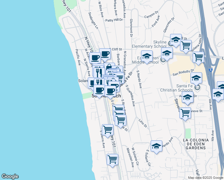 map of restaurants, bars, coffee shops, grocery stores, and more near 124 Lomas Santa Fe Drive in Solana Beach