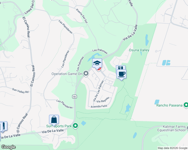 map of restaurants, bars, coffee shops, grocery stores, and more near 3617 Calle Juego in Rancho Santa Fe