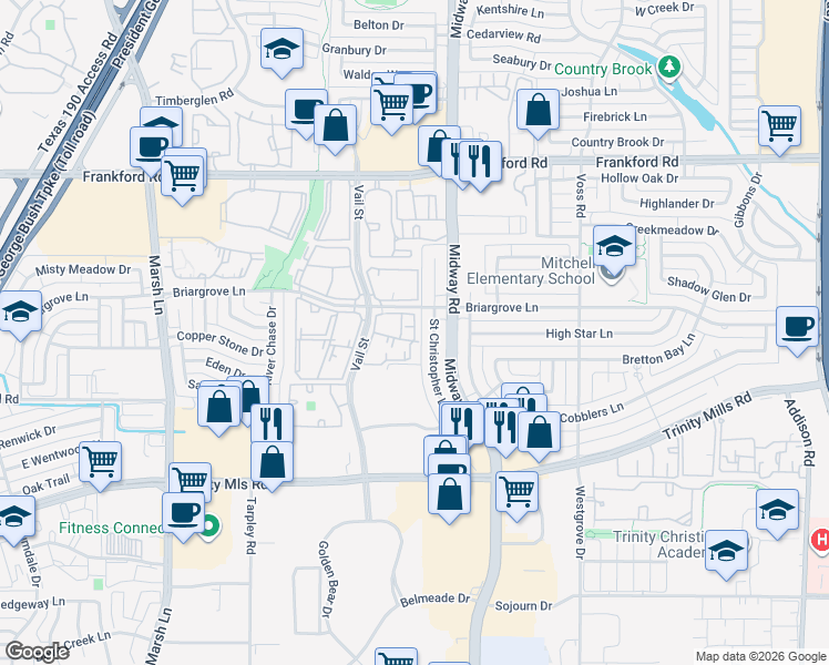 map of restaurants, bars, coffee shops, grocery stores, and more near 3900 Briargrove Lane in Dallas