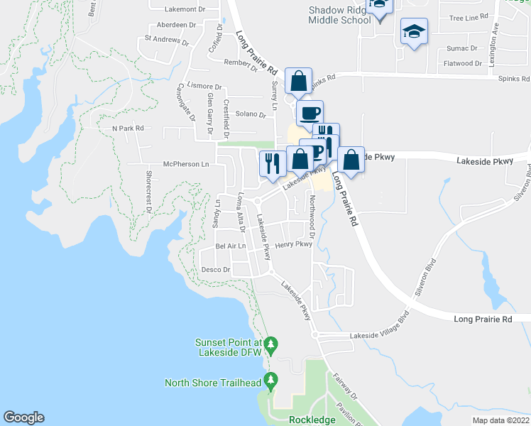 map of restaurants, bars, coffee shops, grocery stores, and more near 2701 Lakeside Parkway in Flower Mound