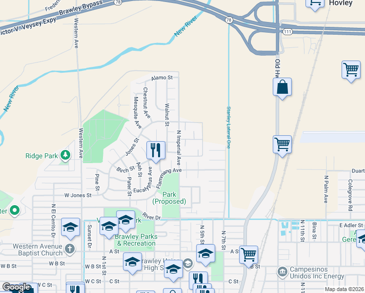 map of restaurants, bars, coffee shops, grocery stores, and more near 1060 North Imperial Avenue in Brawley