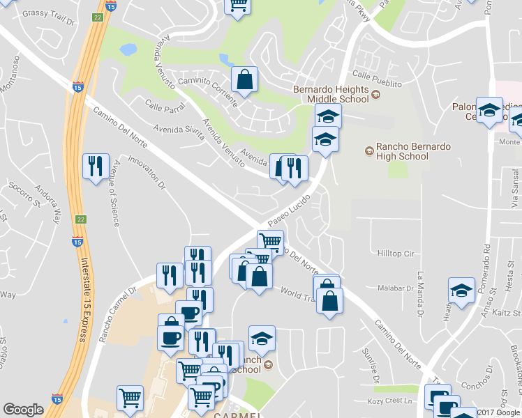map of restaurants, bars, coffee shops, grocery stores, and more near 12079 Alta Carmel Court in San Diego