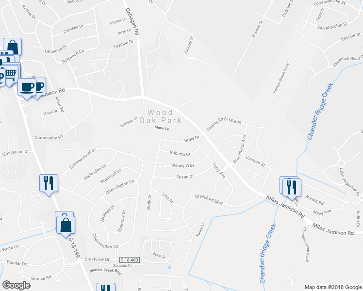 map of restaurants, bars, coffee shops, grocery stores, and more near 113 Braly Drive in Summerville