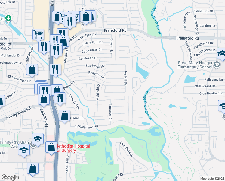 map of restaurants, bars, coffee shops, grocery stores, and more near 5115 Briargrove Lane in Dallas