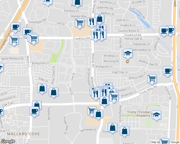 map of restaurants, bars, coffee shops, grocery stores, and more near 4002 Briargrove Lane in Dallas