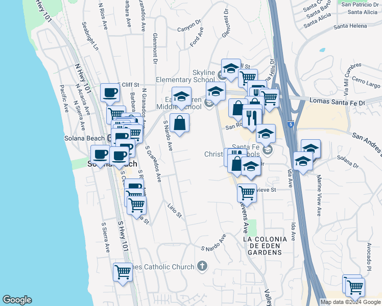 map of restaurants, bars, coffee shops, grocery stores, and more near 427 El Sueno in Solana Beach