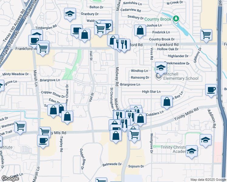 map of restaurants, bars, coffee shops, grocery stores, and more near 4002 Briargrove Lane in Dallas