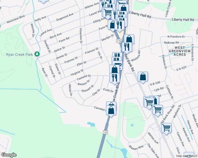 map of restaurants, bars, coffee shops, grocery stores, and more near 103 Stewart Street in Goose Creek