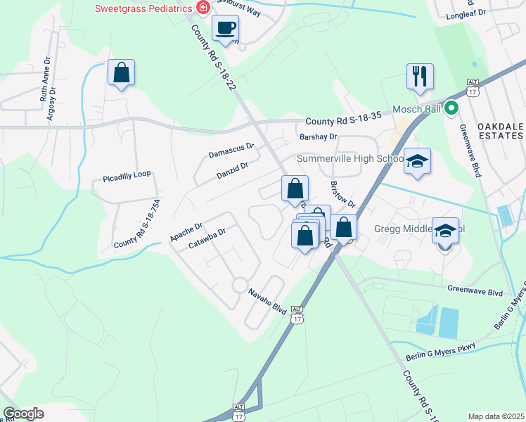 map of restaurants, bars, coffee shops, grocery stores, and more near 527 Orangeburg Road in Summerville