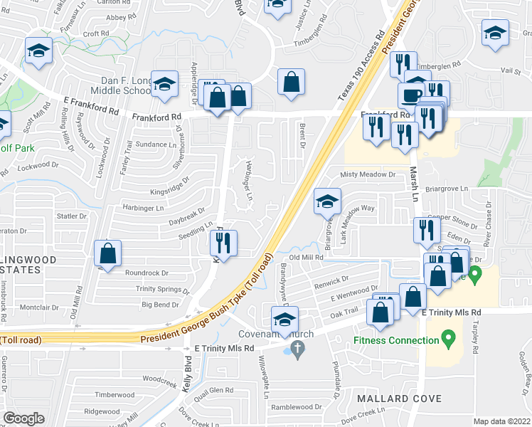 map of restaurants, bars, coffee shops, grocery stores, and more near 2525 Players Court in Dallas