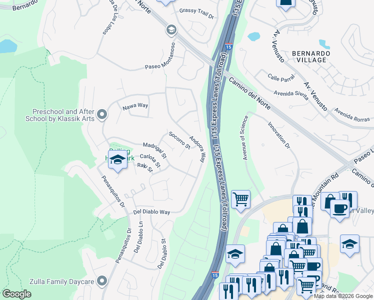 map of restaurants, bars, coffee shops, grocery stores, and more near 15322 Andorra Way in San Diego