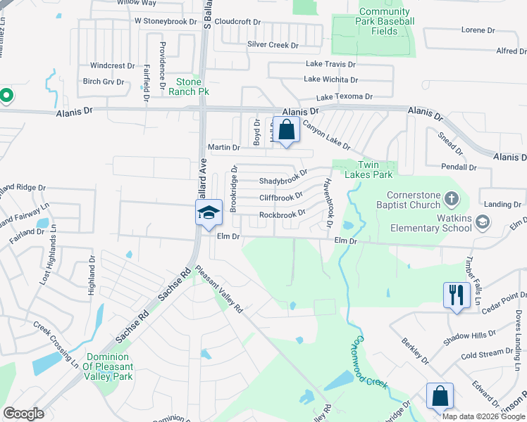 map of restaurants, bars, coffee shops, grocery stores, and more near 117 Rockbrook Drive in Wylie