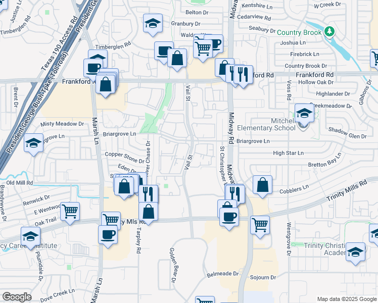 map of restaurants, bars, coffee shops, grocery stores, and more near 30 Vail Street in Dallas