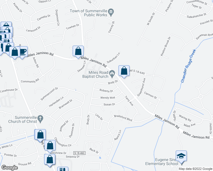 map of restaurants, bars, coffee shops, grocery stores, and more near 113 Braly Drive in Summerville