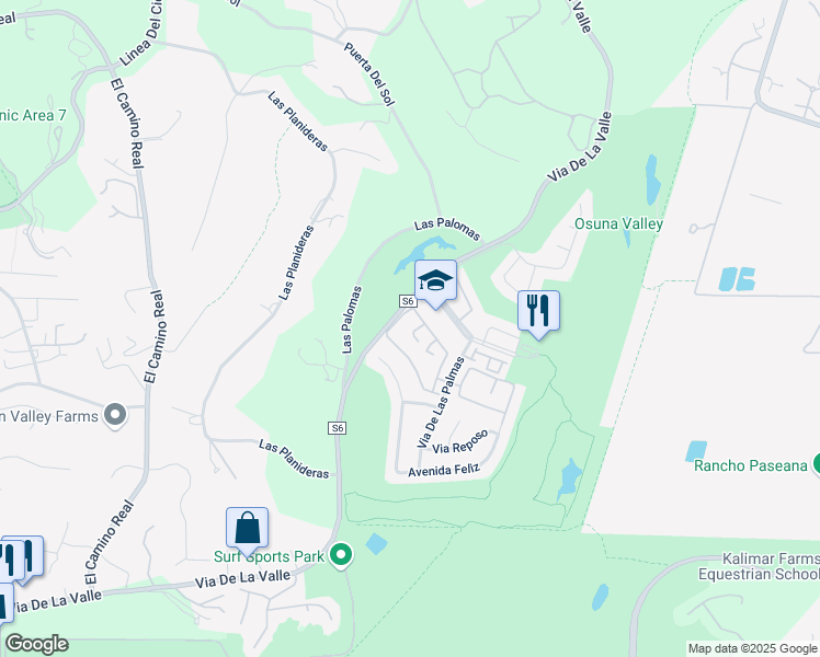 map of restaurants, bars, coffee shops, grocery stores, and more near 3636 Calle Juego in Rancho Santa Fe