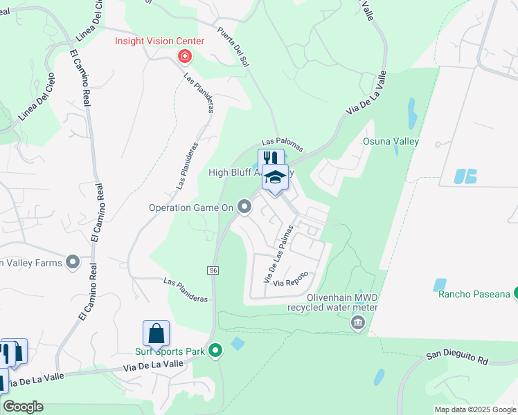 map of restaurants, bars, coffee shops, grocery stores, and more near 3636 Calle Juego in Rancho Santa Fe