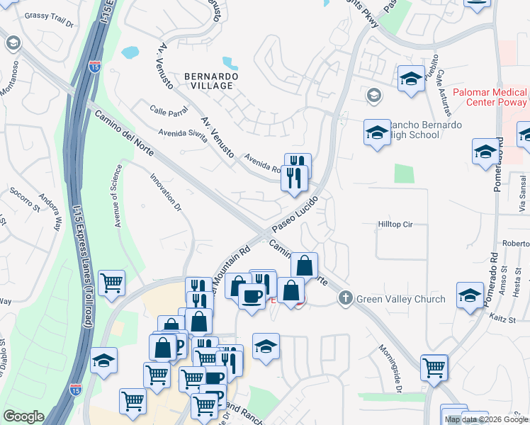 map of restaurants, bars, coffee shops, grocery stores, and more near 12075 Alta Carmel Court in San Diego