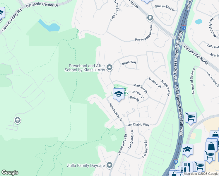 map of restaurants, bars, coffee shops, grocery stores, and more near 10995 Madrigal Street in San Diego