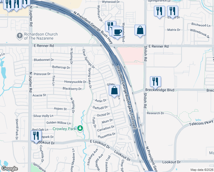 map of restaurants, bars, coffee shops, grocery stores, and more near 3116 Silver Springs Lane in Richardson