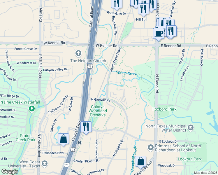 map of restaurants, bars, coffee shops, grocery stores, and more near 2710 Routh Creek Parkway in Richardson