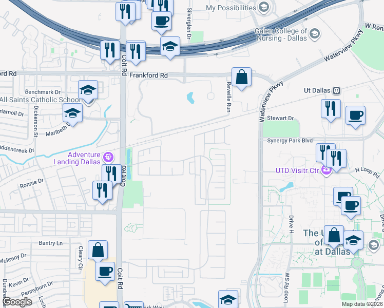 map of restaurants, bars, coffee shops, grocery stores, and more near 17735 Sage Lane in Dallas