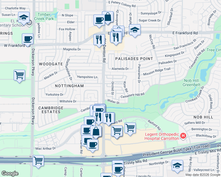 map of restaurants, bars, coffee shops, grocery stores, and more near 1012 Peacock Boulevard in Carrollton