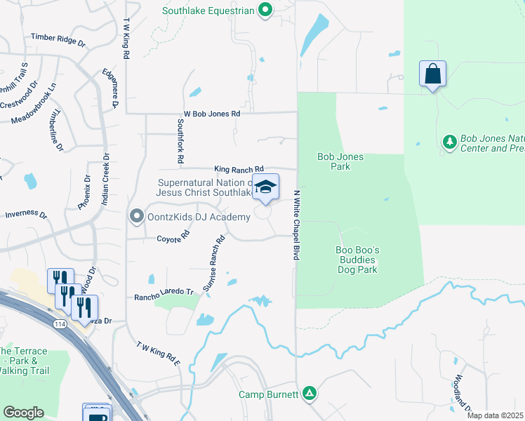 map of restaurants, bars, coffee shops, grocery stores, and more near 100 Clariden Ranch Road in Southlake