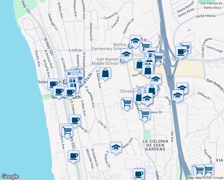 map of restaurants, bars, coffee shops, grocery stores, and more near 427 El Sueno in Solana Beach