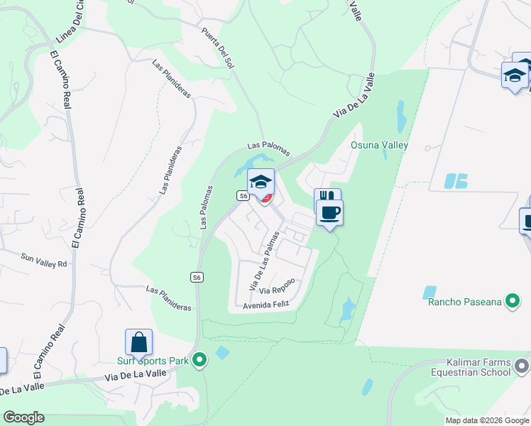 map of restaurants, bars, coffee shops, grocery stores, and more near 5533 Cancha de Golf in Rancho Santa Fe